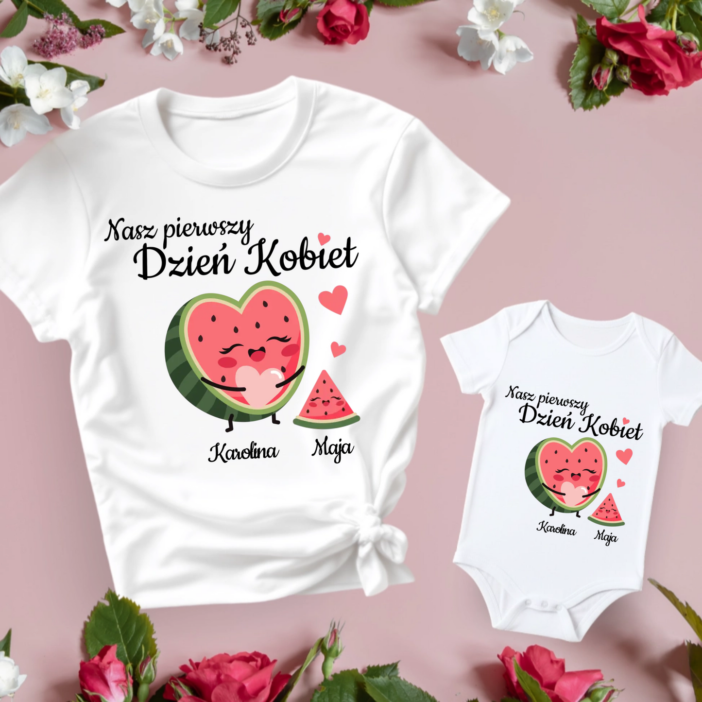 Koszulka w zestawie z body Nasz pierwszy wspólny Dzień Kobiet Arbuzy + imiona