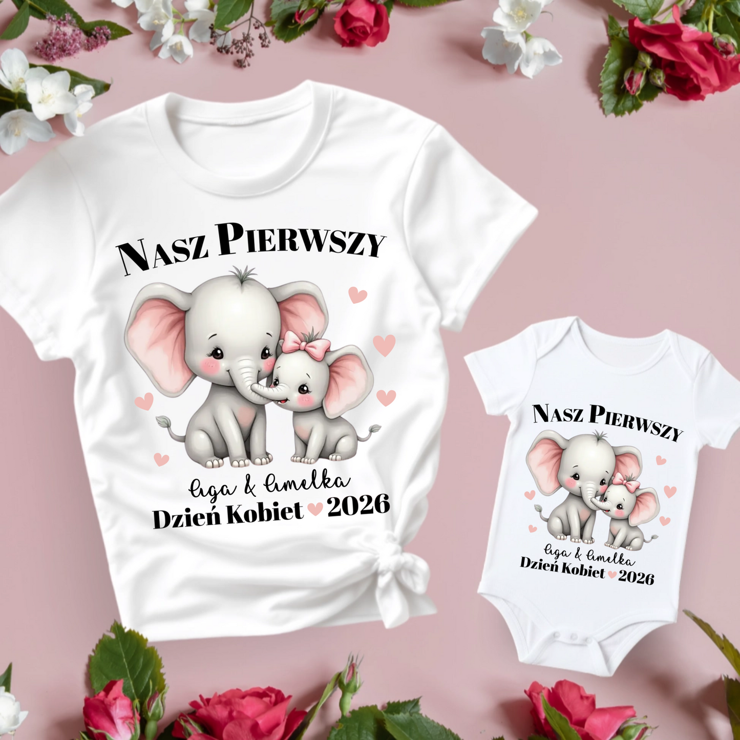 Koszulka w zestawie z body Nasz pierwszy wspólny Dzień Kobiet Słoniki