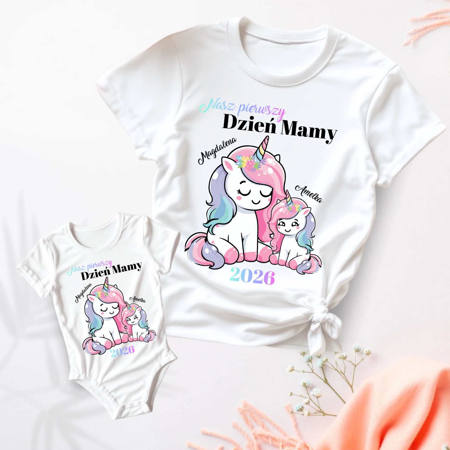 Zestaw z jednorożcami, Koszulka i Body, personalizowny na Pierwszy Dzień Mamy