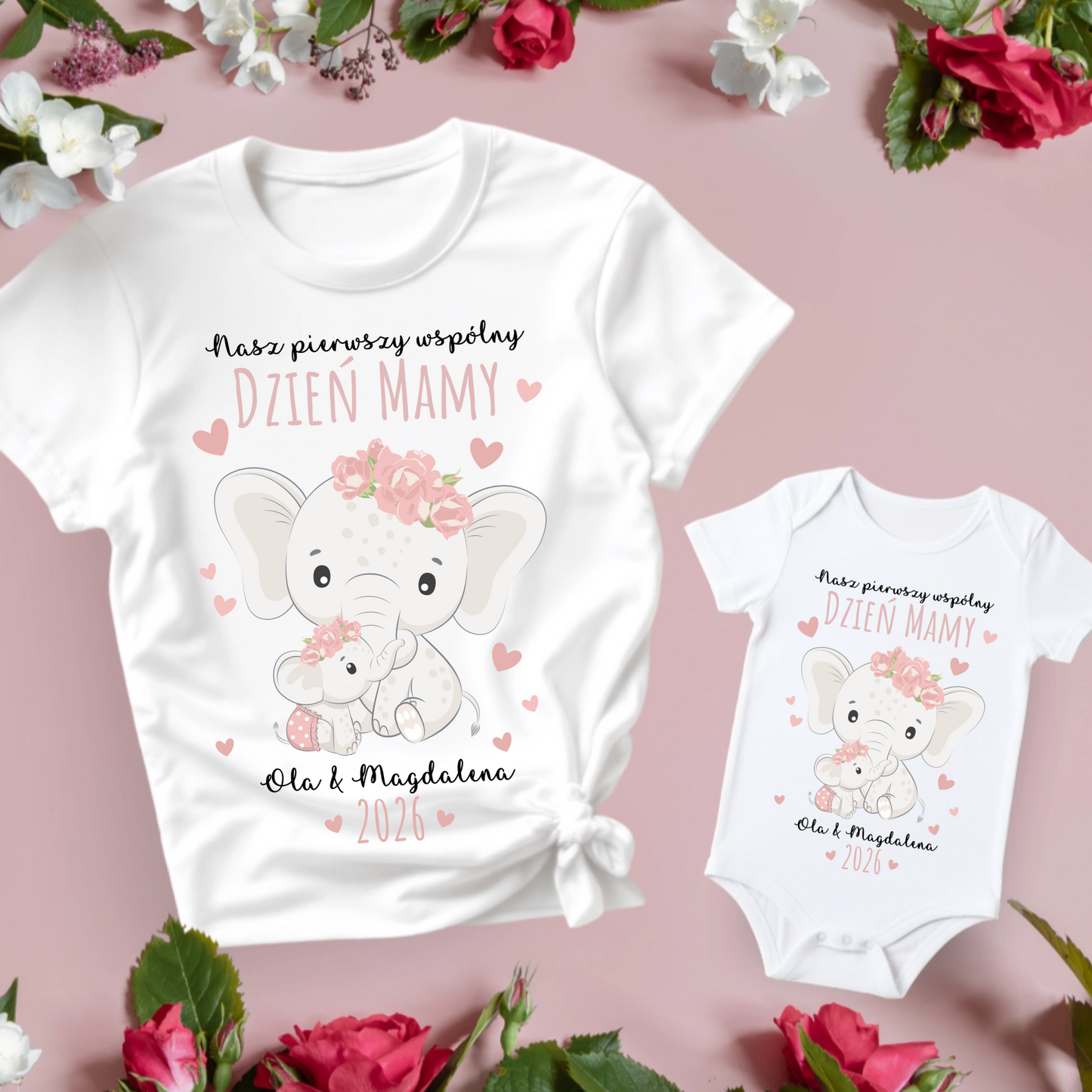 Zestaw koszulka dla mamy i body dla dziecka ze słonikami, personalizowane imiona