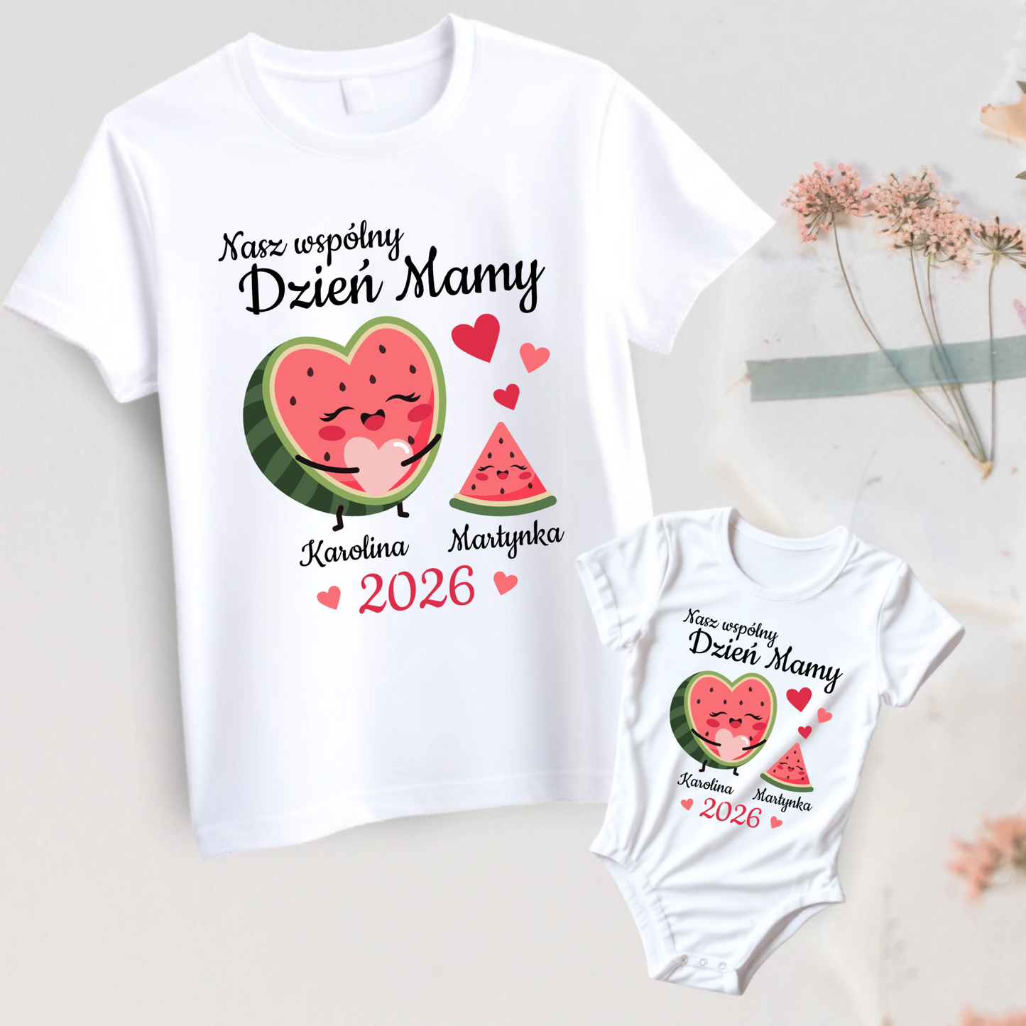 Zestaw na wspólny Dzień Mamy Arbuzy Koszulka dla mamy i body lub koszulka dla dziecka imiona i ROK