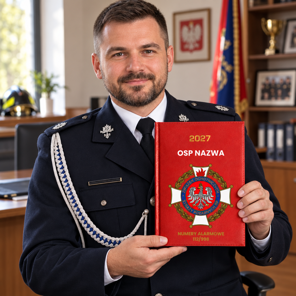 Komendant straży pożarnej trzymający czerwony kalendarz OSP