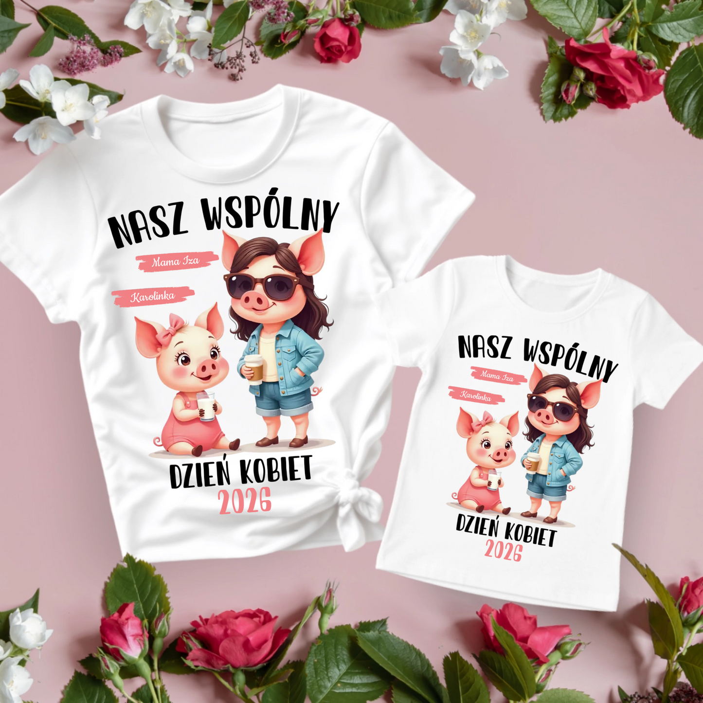 Koszulka w zestawie z body Nasz wspólny Dzień Kobiet Świnki Personalizowane