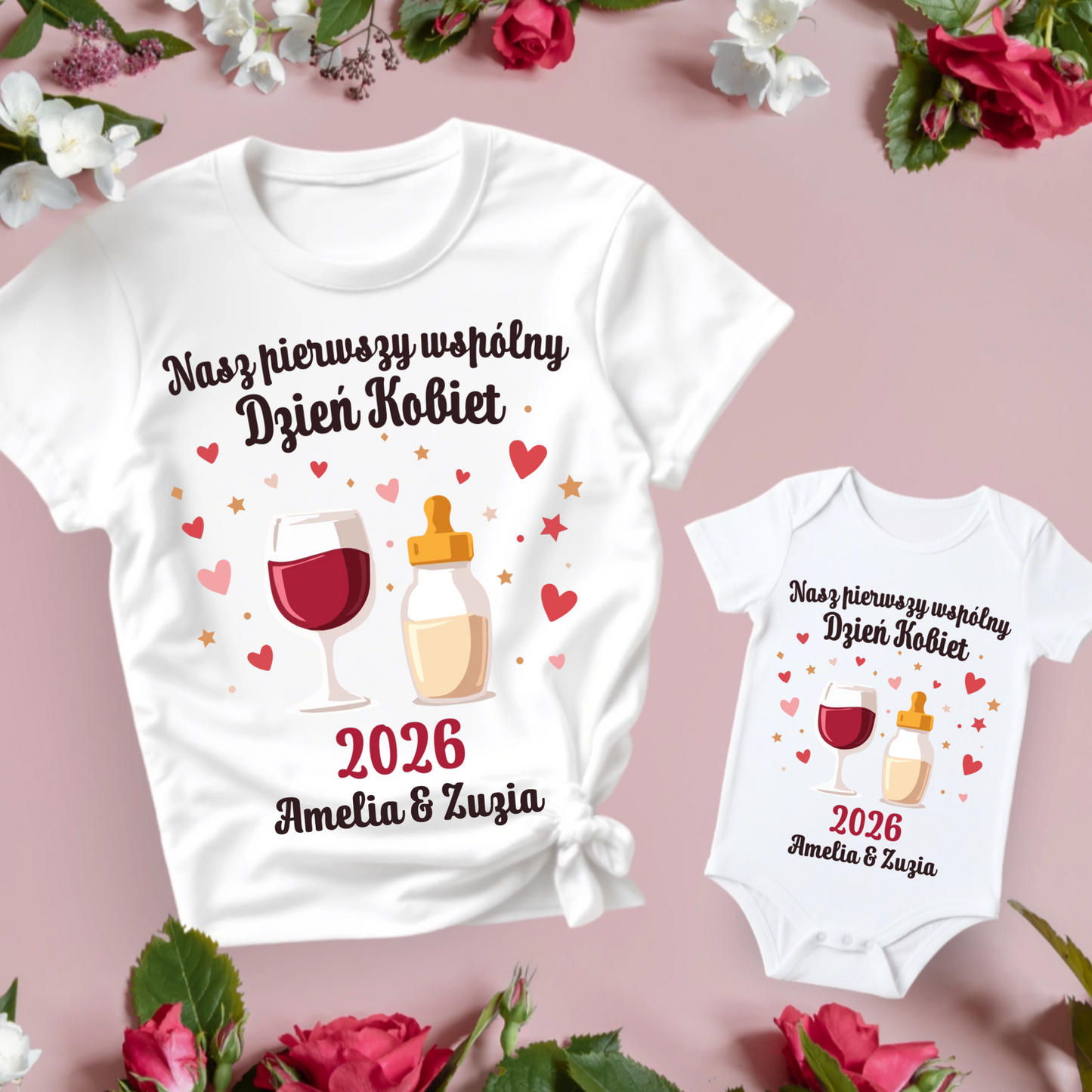 Koszulka w zestawie z body Nasz pierwszy wspólny Dzień Kobiet Wino & Mleko
