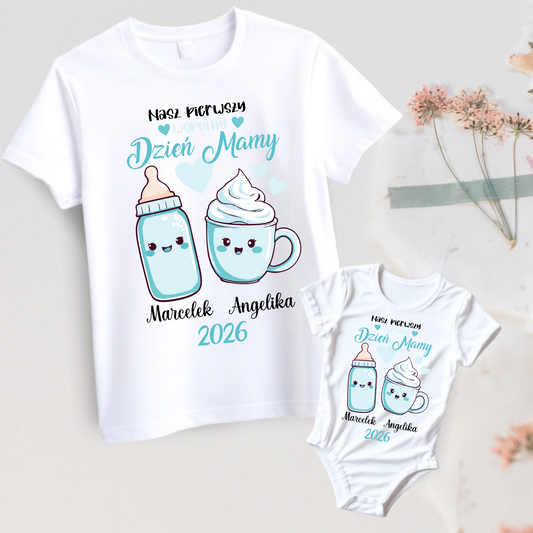 Zestaw na Pierwszy Dzień Mamy Kawa i Butla niebieskie PERSONALIZOWANE