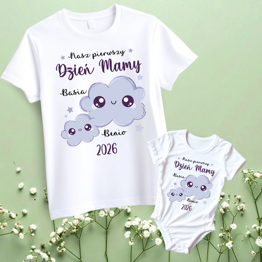 Zestaw na pierwszy Dzień Mamy Koszulka i Body Chmurki PERSONALIZOWANE