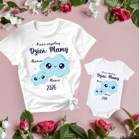 Prezent dla mamy - zestaw "Nasz wspólny Dzień Mamy" (koszulka damska oraz body lub koszulka dziecięca w Chmurki)