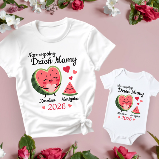 Zestaw ubrań na Dzień Matki z motywem Arbuzików: koszulka dla mamy i dziecka (lub niemowlęce body)
