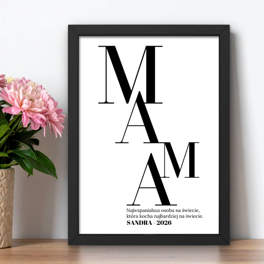 Plakat na Dzień Mamy z napisem MAMA krótkim opisem i imieniem PERSONALIZACJA