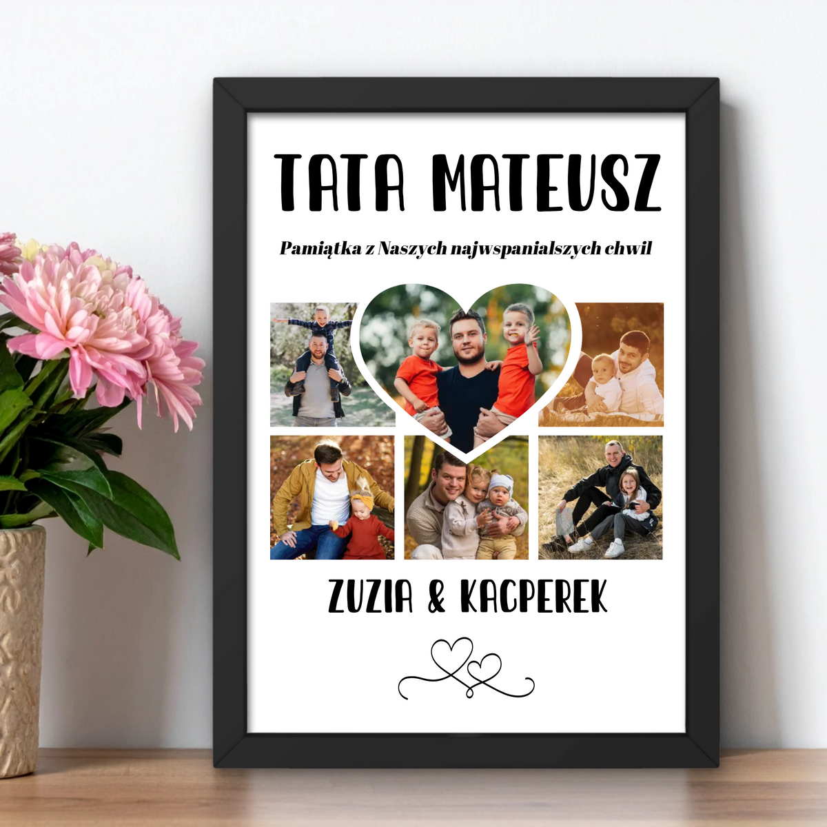 Personalizowany plakat Tata z imieniem i kolażem zdjęć w kształcie serca
