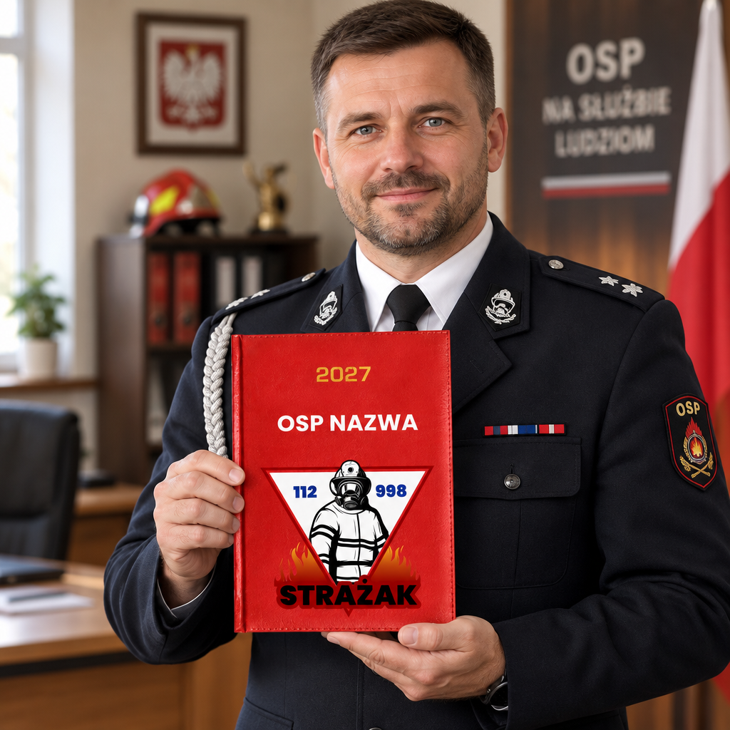 Komendant trzymający czerwony kalendarz Strażak