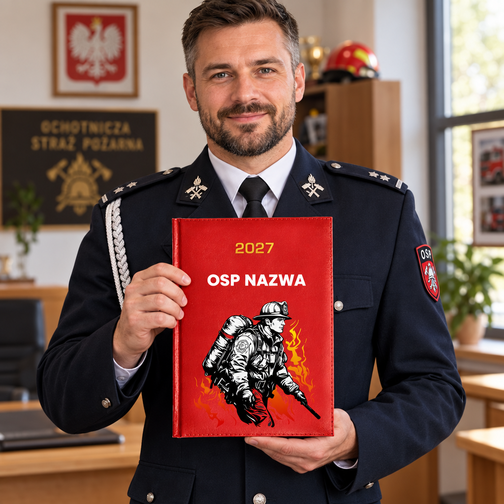 Komendant trzymający czerwony kalendarz z ilustracją strażaków