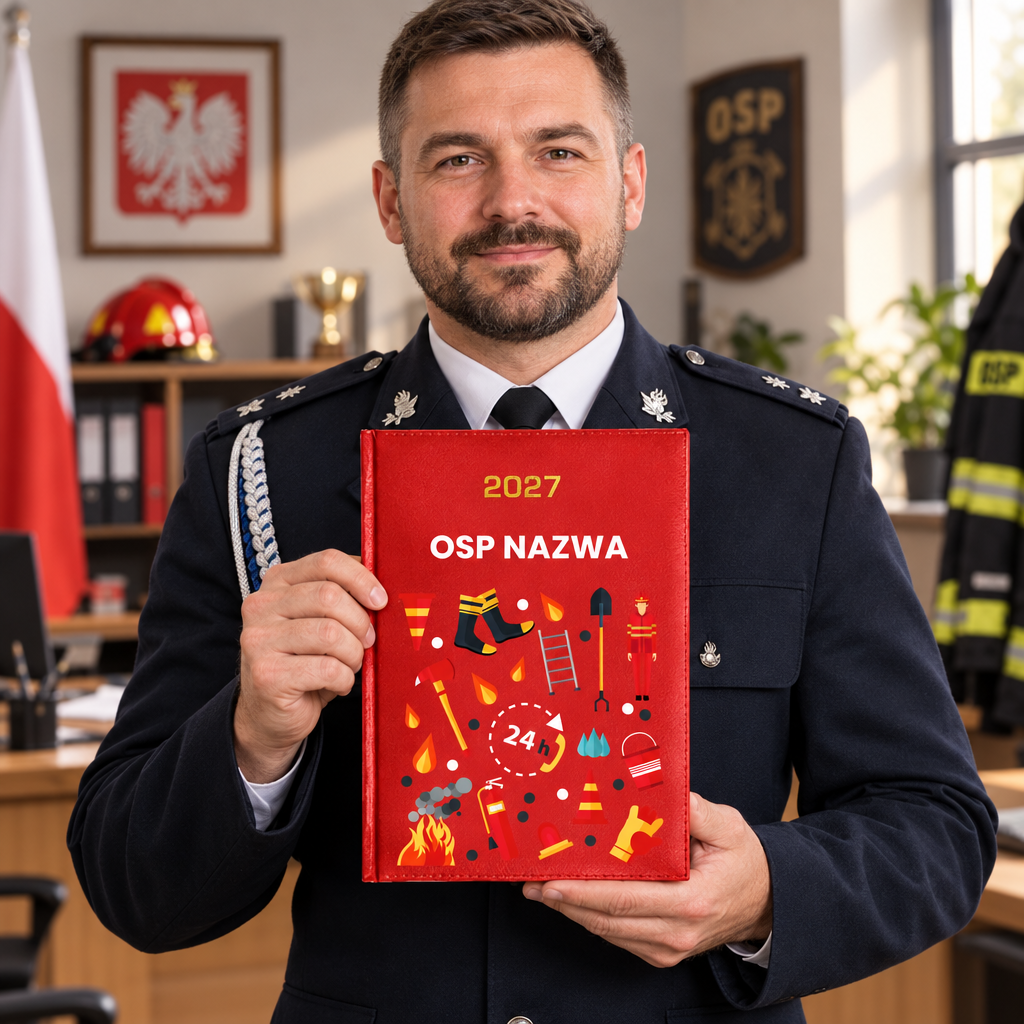 Komendant trzymający czerwony kalendarz z symbolami strażackimi
